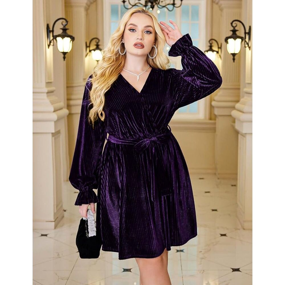 IN’ VOLAND Ribbed Velvet A-Line V-Neck Belted Mini Dress NWT SZ 18W Glam Chic